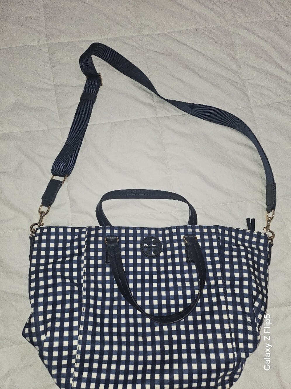 Tory Burch Navy Check Nylon Tote Interior
